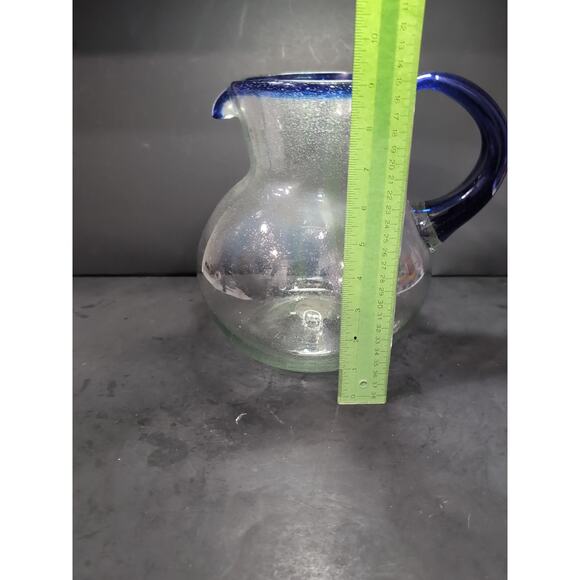 Mexican Hand Blown Glass Pitcher, Cobalt Blue Rim, 160 Oz Bubble Pitcher - Picture 8 of 10